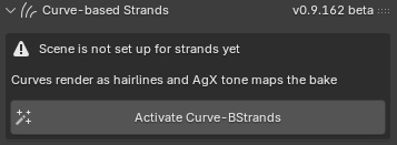 The warning box and the large Activate Curve-BStrands button in a fresh scene.