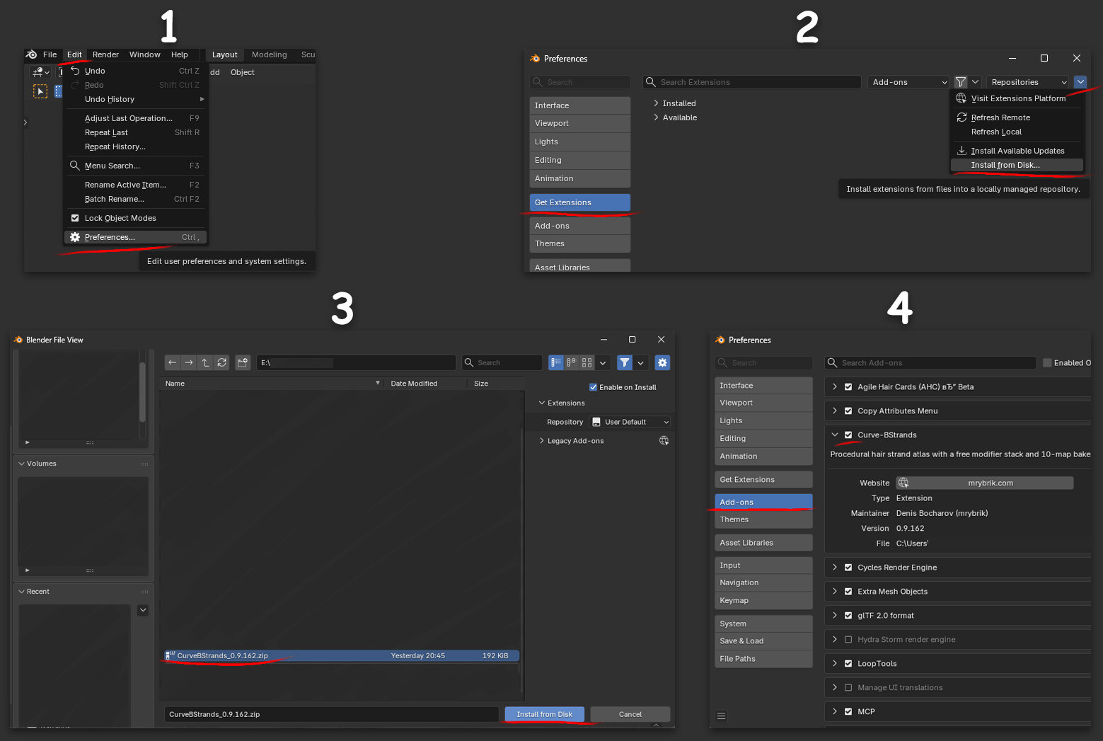 Installing in four steps: Edit > Preferences, Get Extensions > Install from Disk..., choosing the CurveBStrands zip, and Curve-BStrands enabled under Add-ons.