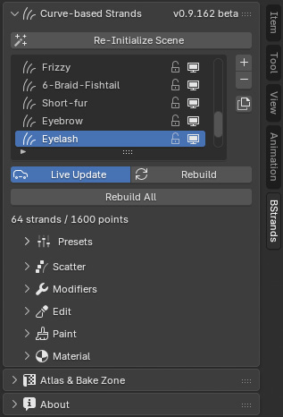 The BStrands sidebar tab with all sections collapsed, so the whole structure fits on screen.