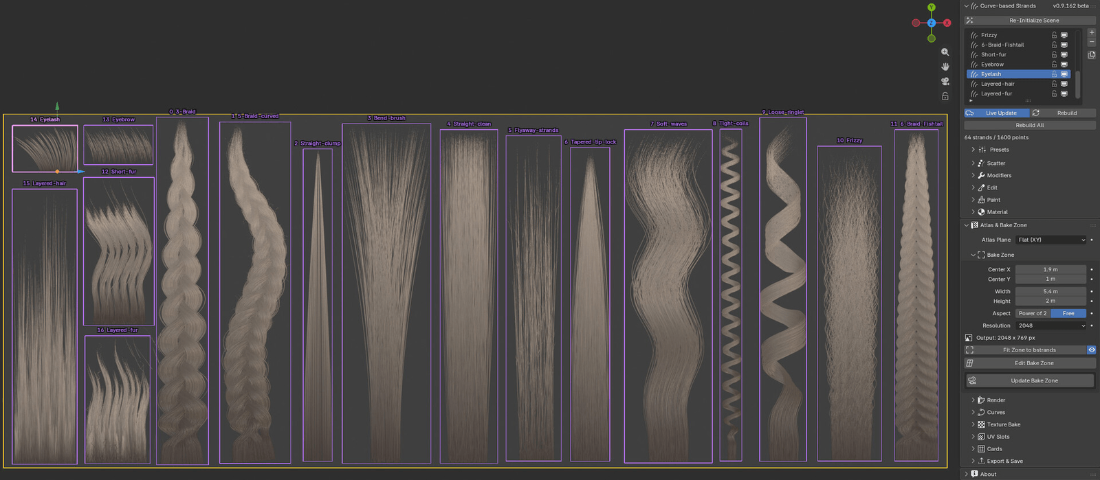 A finished atlas in the viewport: a row of different strands (straight, curls, braid, fur) inside the yellow bake zone, with the BStrands sidebar open.