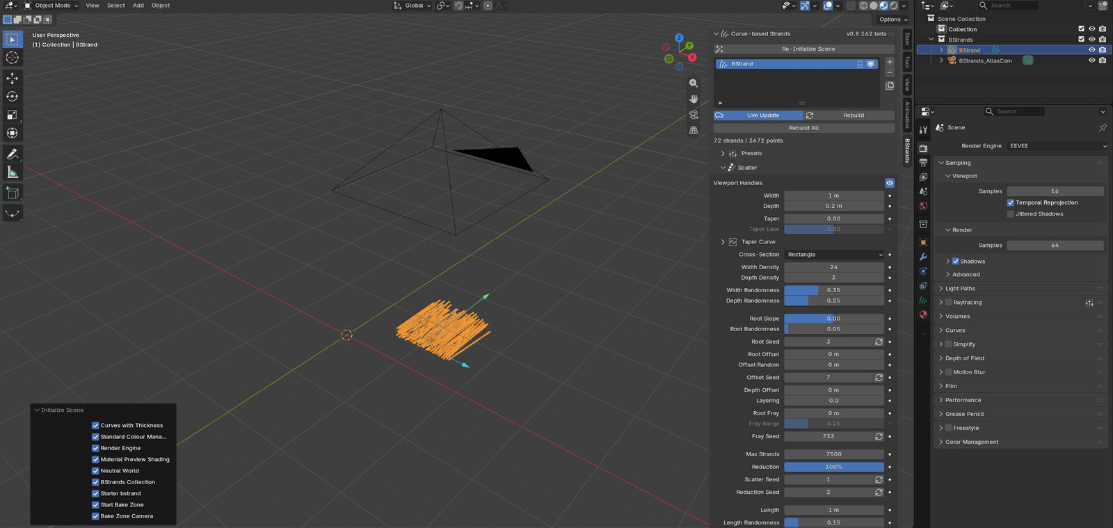 The viewport right after Activate: the starter bstrand and the BStrands tab.
